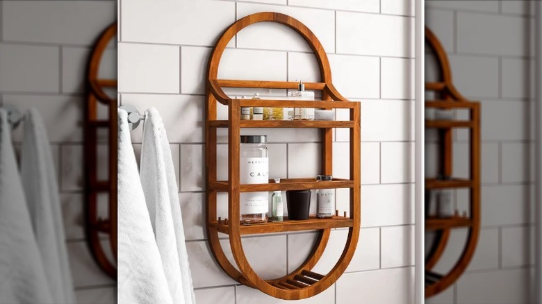 Oval-shaped wood shower shelf