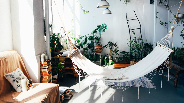 a hammock set up inside