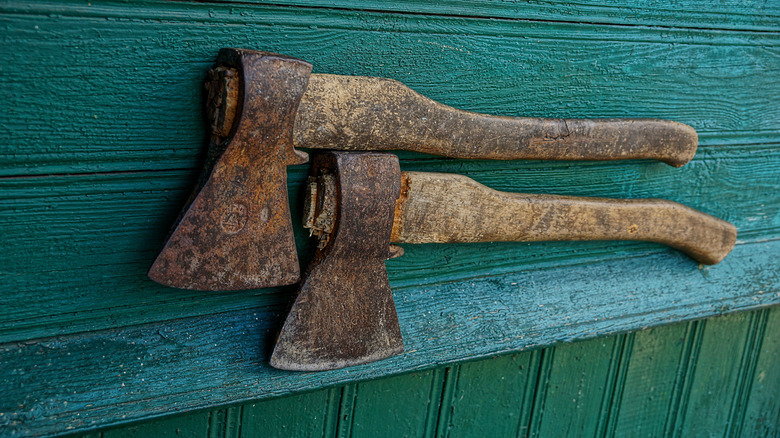 antique axes on a wall