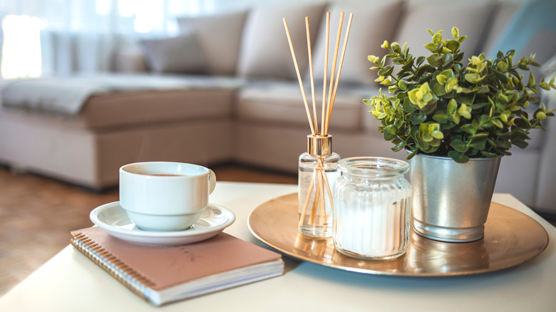 tray with plant, candle, and incense