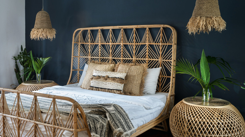 Rattan bedframe blue bedroom