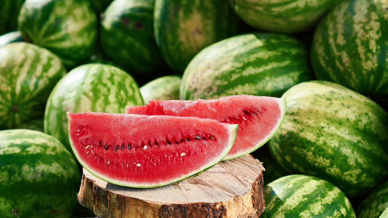 Sliced watermelon in garden