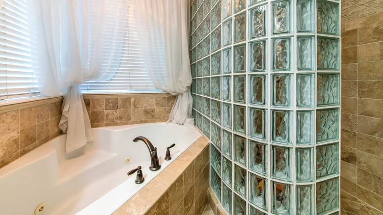 glass block wall in bathroom