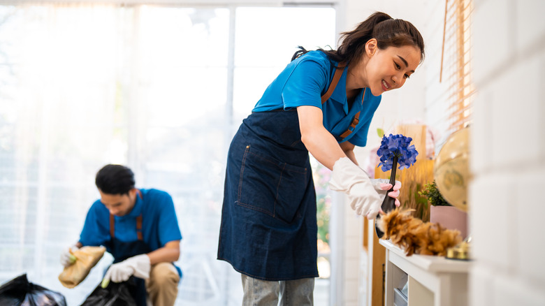 Two professional cleaners cleaning a house