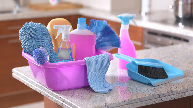 Cleaning supplies on the counter