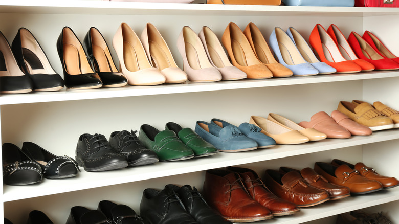 color coordinated shoes on shelves