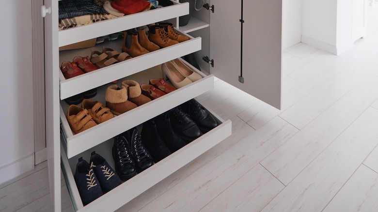 shoes in shallow white drawers