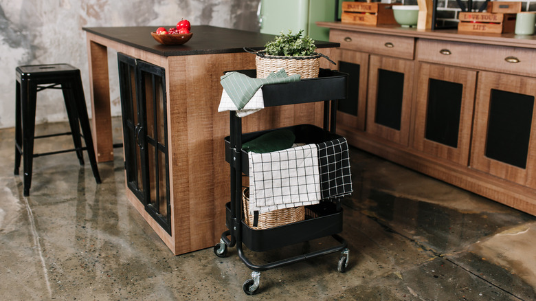 black bar cart in kitchen