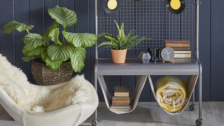 fabric containers on bar cart