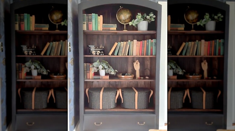 Armoire turned into a grey bookshelf with decor