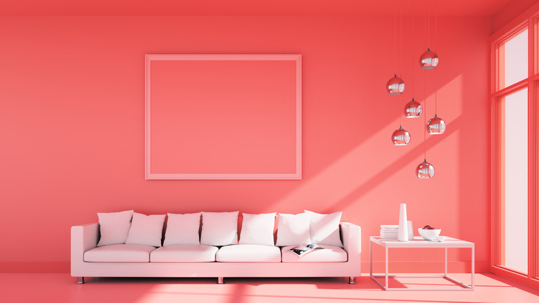 Bright coral with white couch