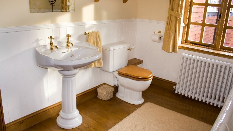 Pedestal sink in Craftsman bathroom