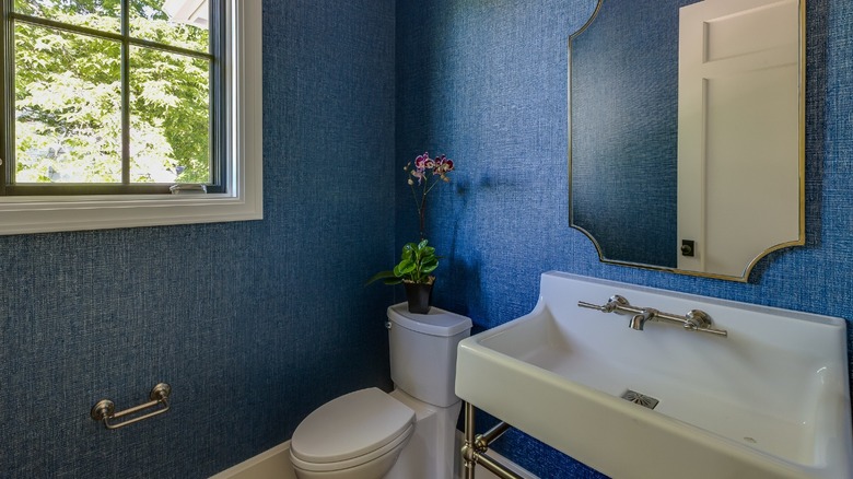 Craftsman bathroom with blue wallpaper