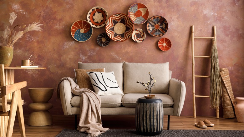 colored baskets above couch