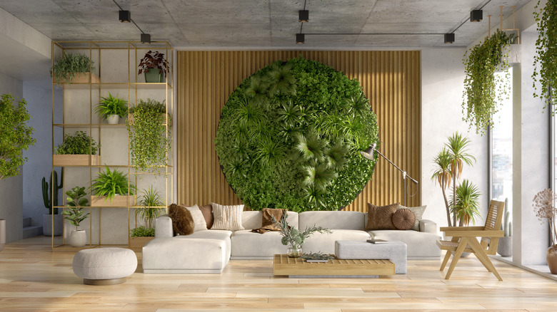 round plant wall behind couch