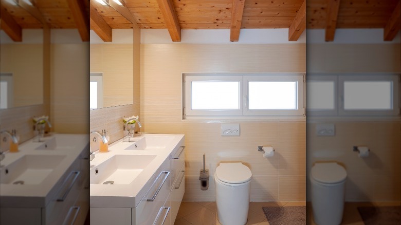 wooden ceiling in bathroom