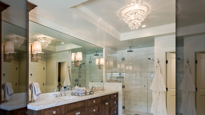 tray ceiling with bathroom chandelier 