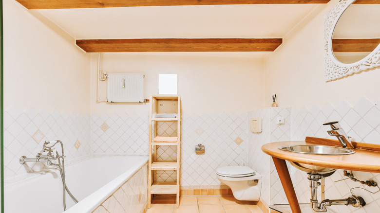 wooden beams on white ceiling