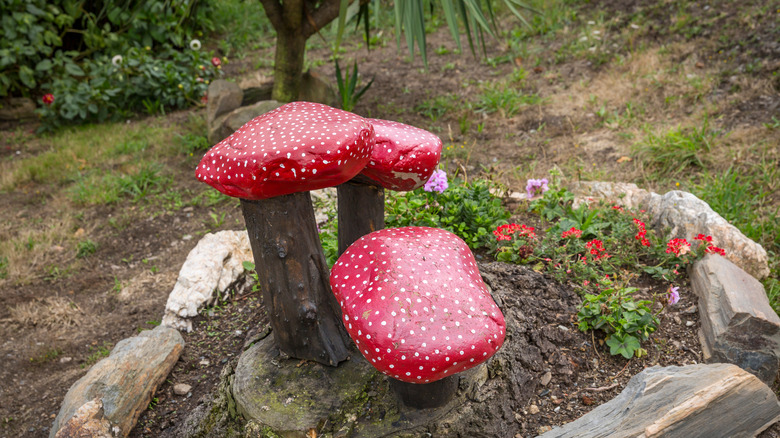 red toadstool seats on stumps