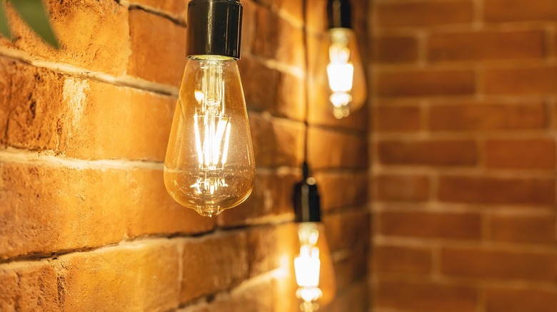 edison bulbs against brick wall