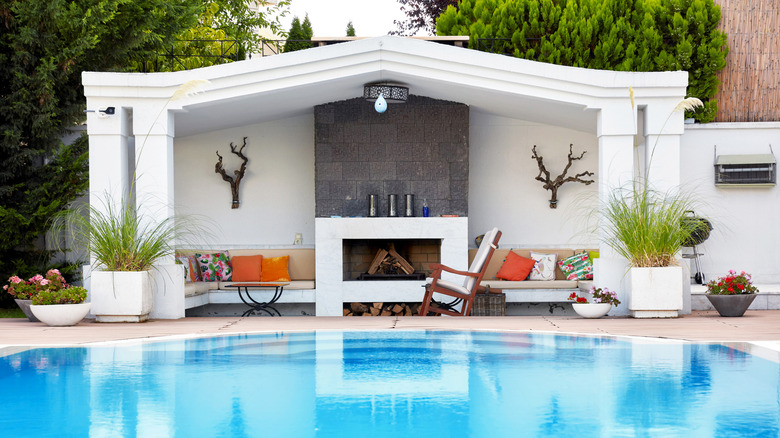 outdoor fireplace in a cabana