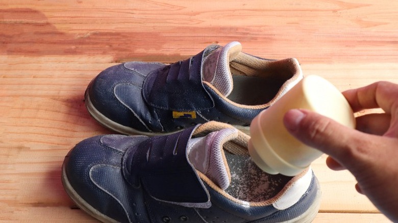 Putting powder in blue sneakers