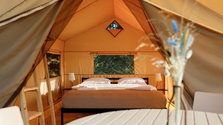 Tent interior bed and pillows