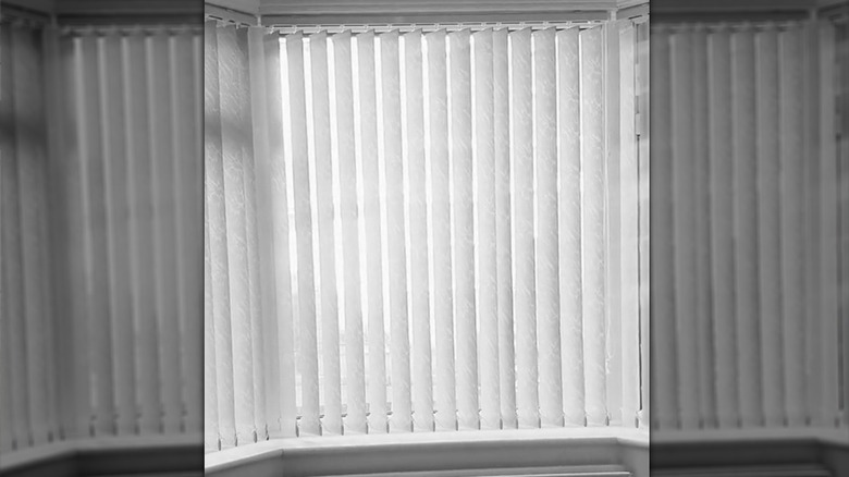 Vertical blinds are mounted inside a bay window