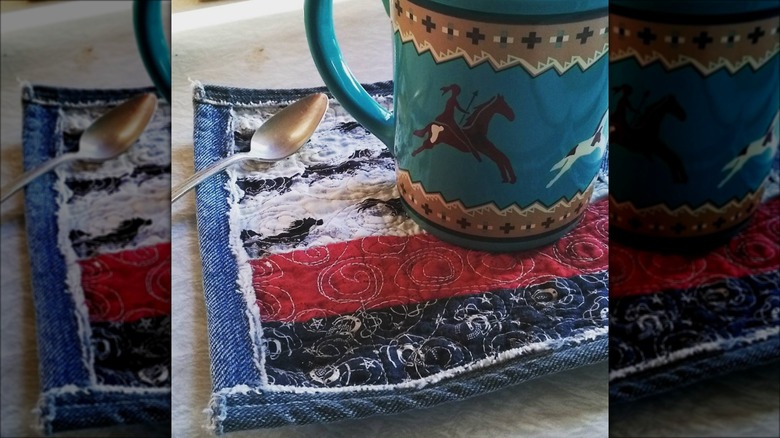 embroidered fabric coaster with mug