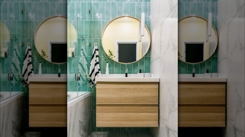 Teal and wood bathroom