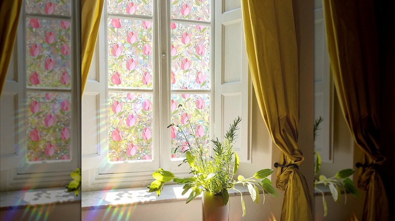 Stained glass window film with pink tulips