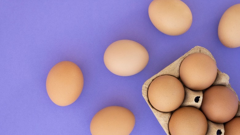 Brown eggs, lilac colored background