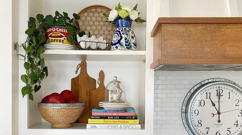 kitchen items on white shelves