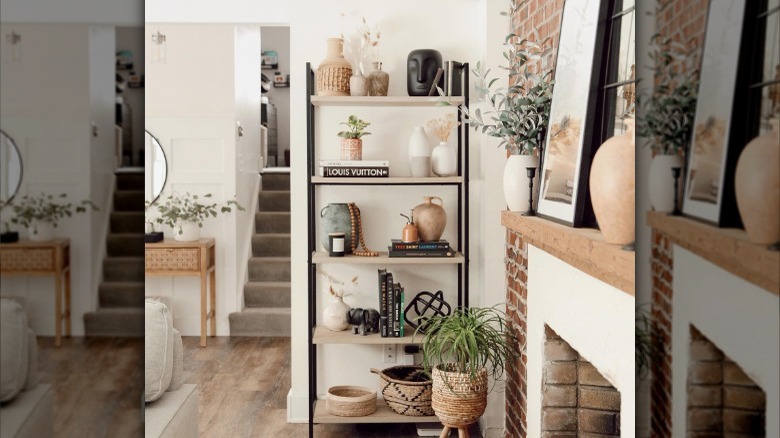 baskets and vases on bookshelf