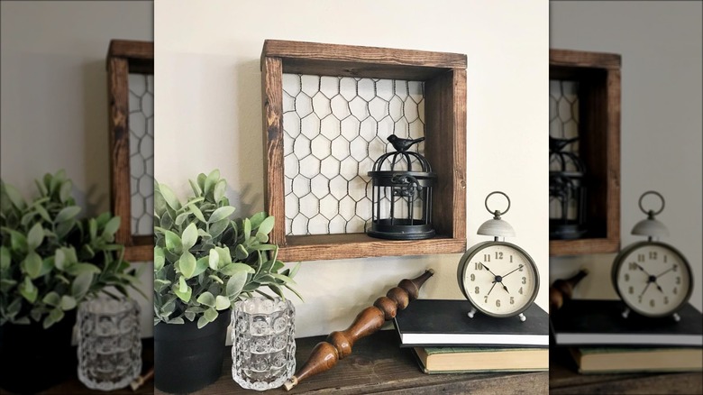 shelf with chicken wire backing