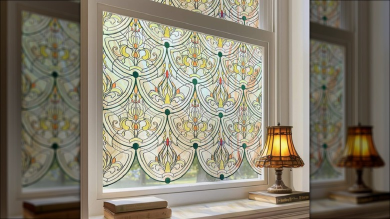 Ornate decorative window film on window