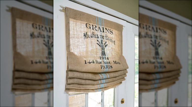 Grain sack shade on door