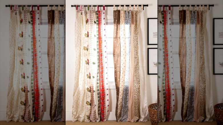 Patterned patchwork curtain on window