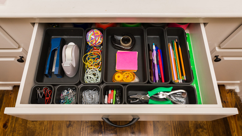 opened organized desk drawer