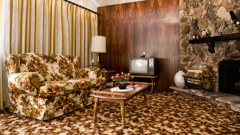 gaudy 1970s patterned living room