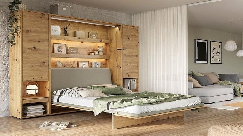 wood bed with white bedding 