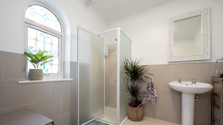 Bathroom with stained glass windows for privacy