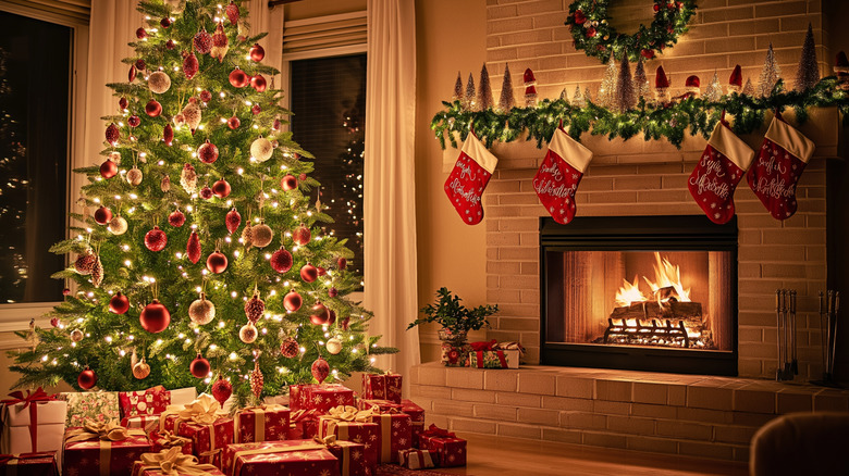 Fire burning in fireplace in a room decorated for Christmas