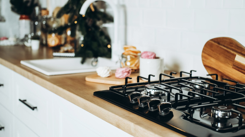 Stovetop in a kitchen decorated for the holidays