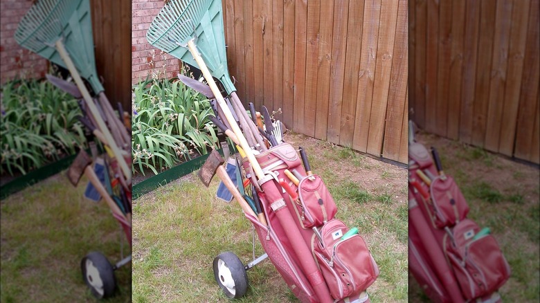 Gardening tools in gold bag