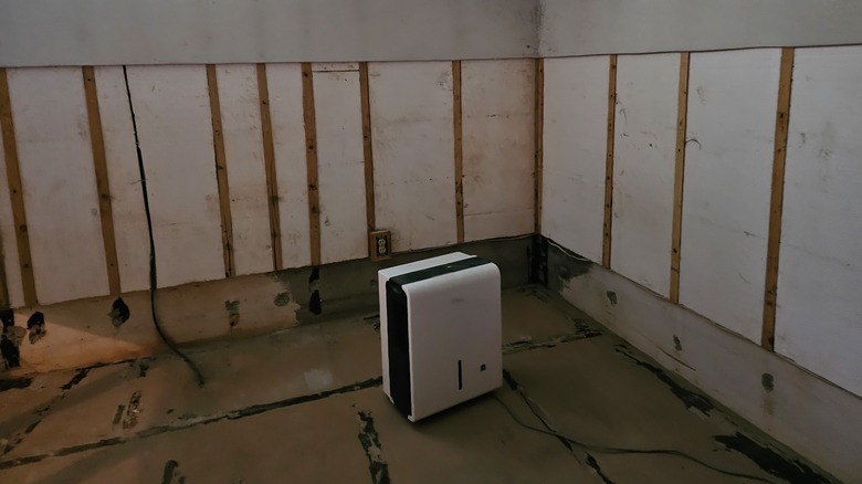 Dehumidifier sitting on the floor in an unfinished basement