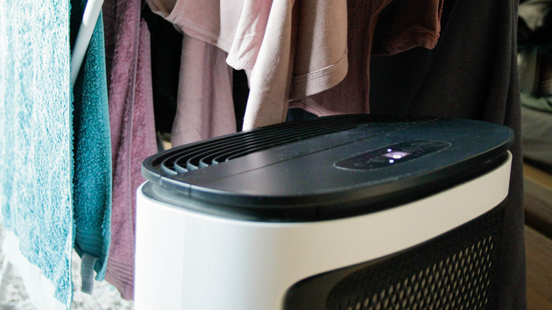 Dehumidifier in closer near hanging clothes