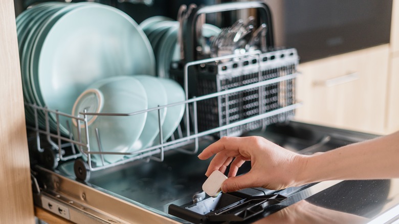 person putting detergent in dishwasher