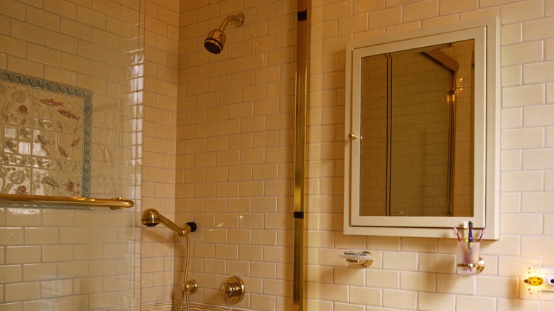 recessed medicine cabinet tiled bathroom