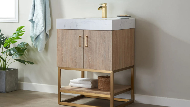 wood and marble bathroom vanity